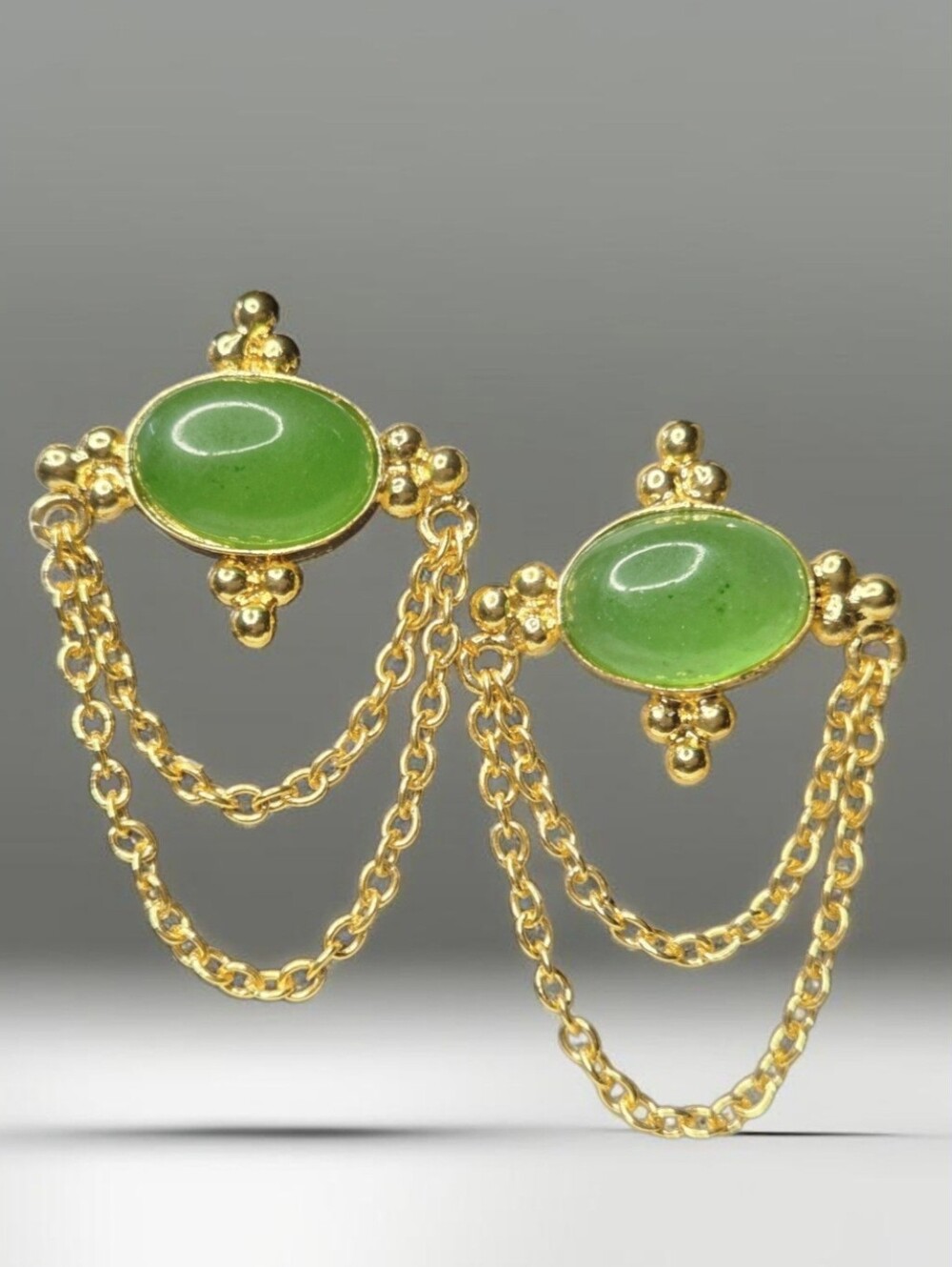 18k Gold Plated Artisan Byzantine Genuine Jade Drapey Chain Earrings